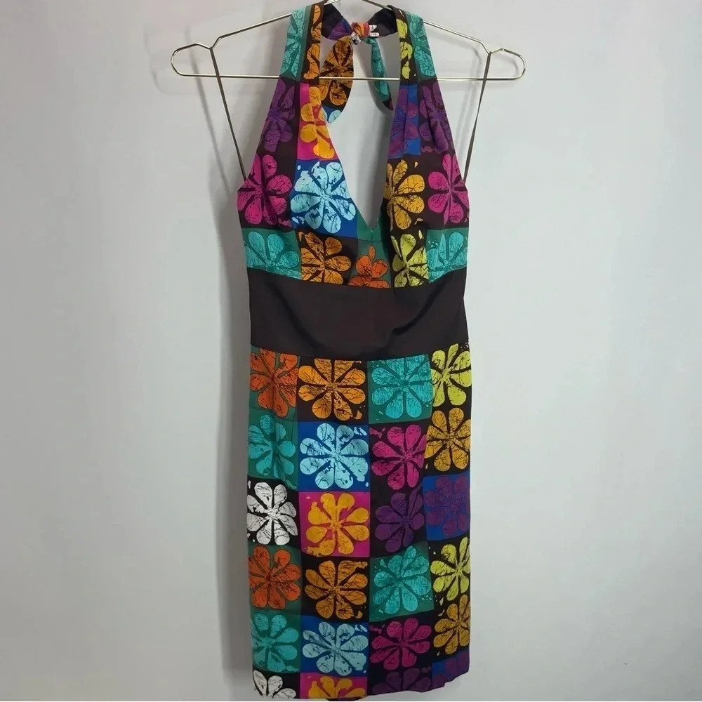 Trina Turk Retro Halter Style Brown Floral Mini Dress